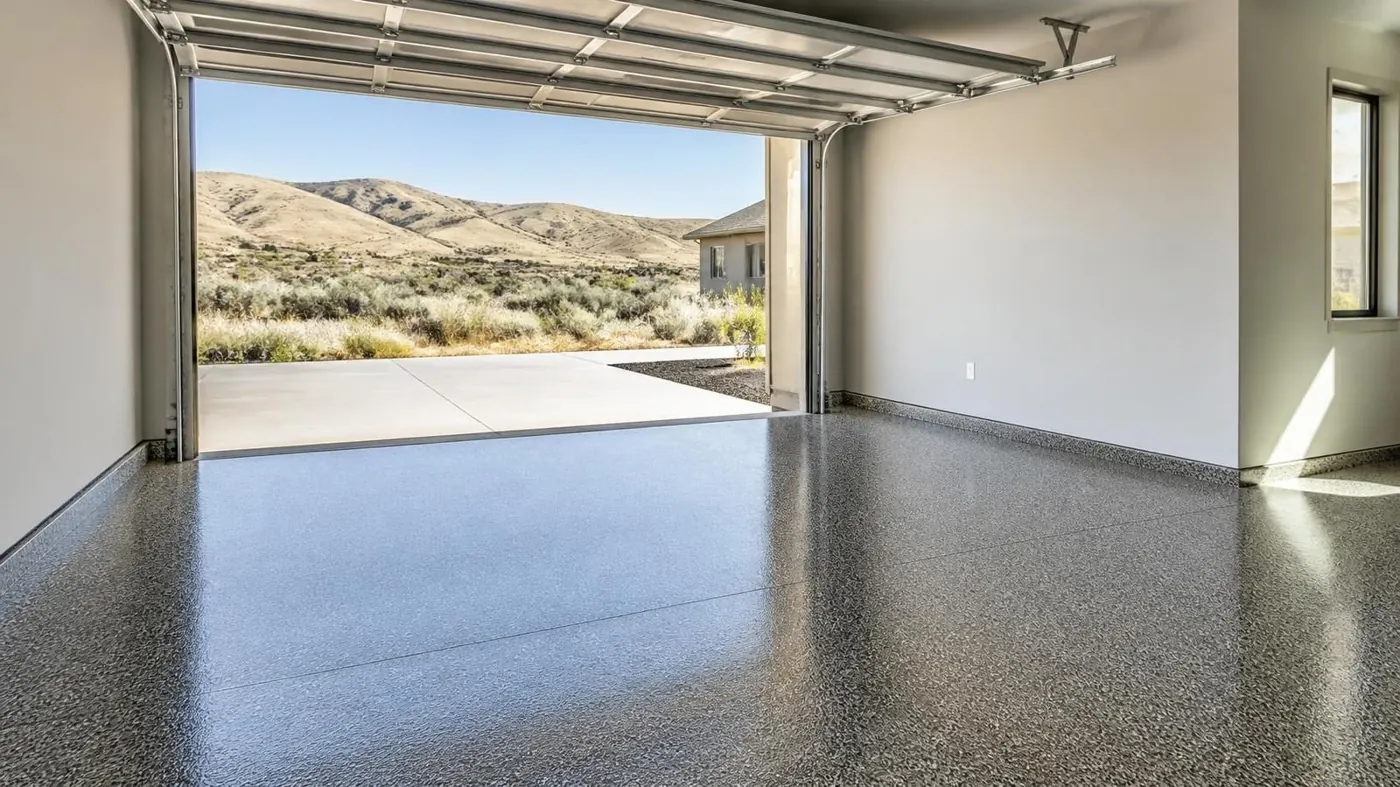 Two-car garage with a glossy gray, tan and black flake epoxy floor and Boise foothills outside the open door