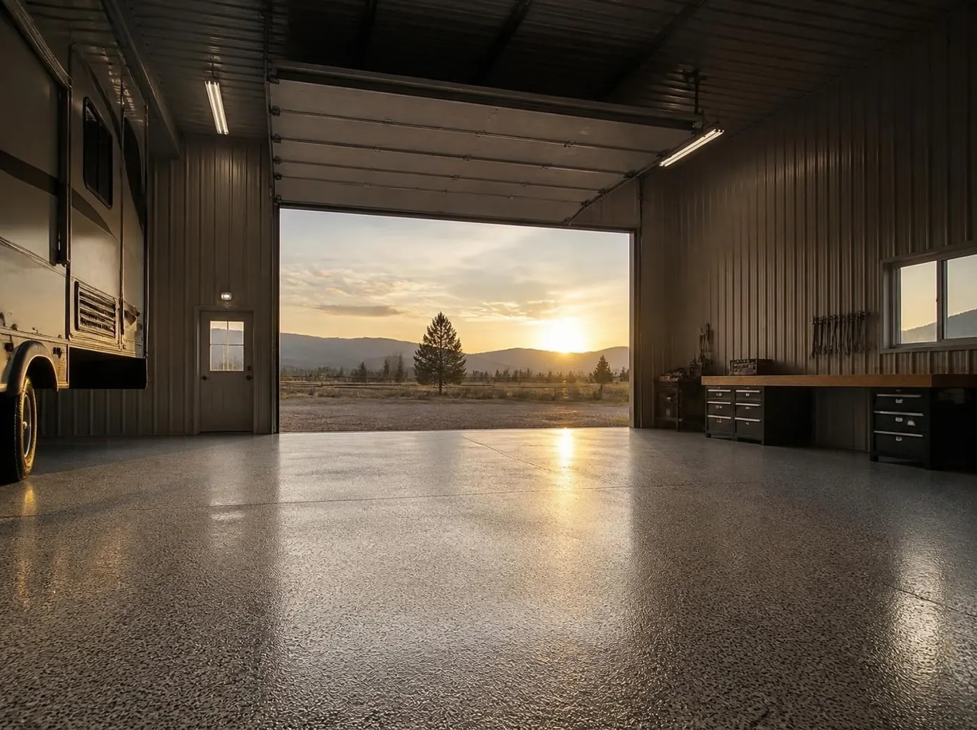 RV shop with a gray flake floor coating